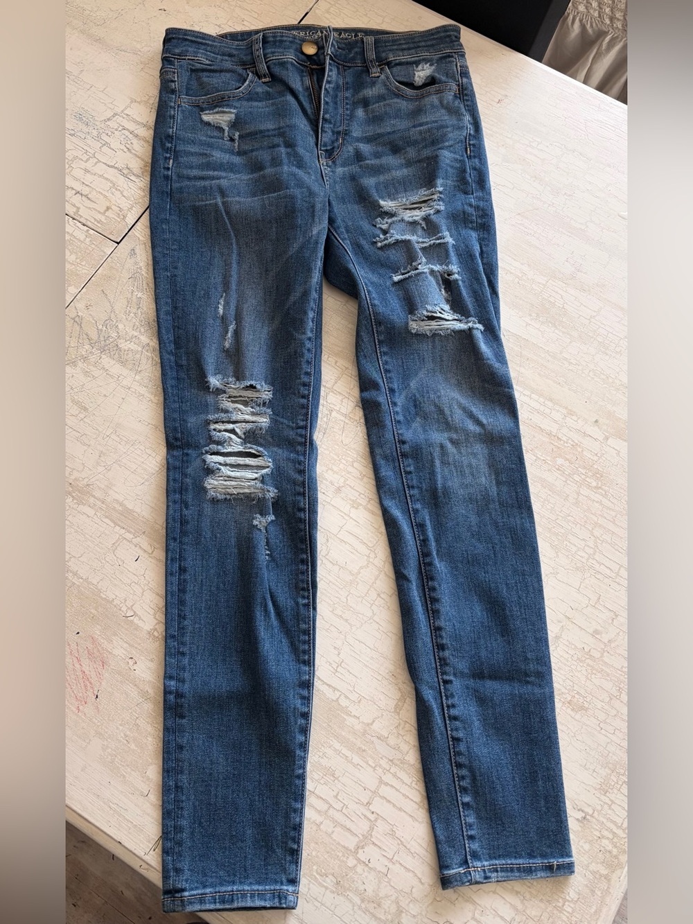 American Eagle Outfitters Distressed Skinny Jeans - Dark Blue